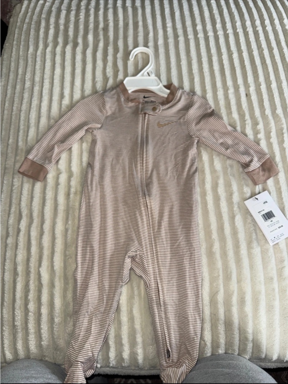 Nike Striped Zip Footed One-Piece in Beige and White
